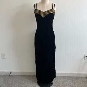 Vintage 80s Maxi Dress Women XS Crushed Velvet Black Gold Big Bow Party HOCO